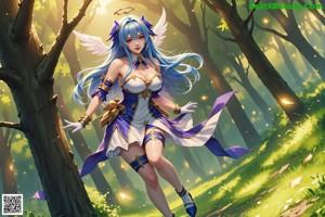 A woman with long blue hair is standing in the woods.