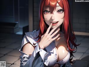A woman with red hair and a white shirt is posing for a picture.
