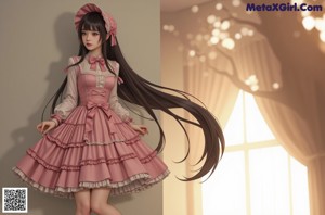 A girl in a pink dress standing in front of a window.