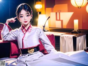 A woman in a white kimono sitting on a red couch.