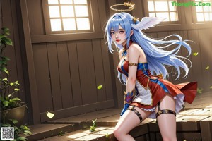 A woman with long blue hair and a halo on her head.