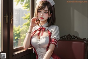 A woman in a nurse outfit sitting on a chair by a window.